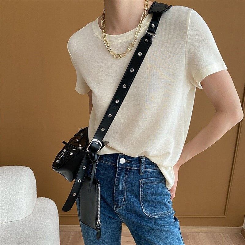 Elegant Off-Shoulder Solid Color T-Shirt