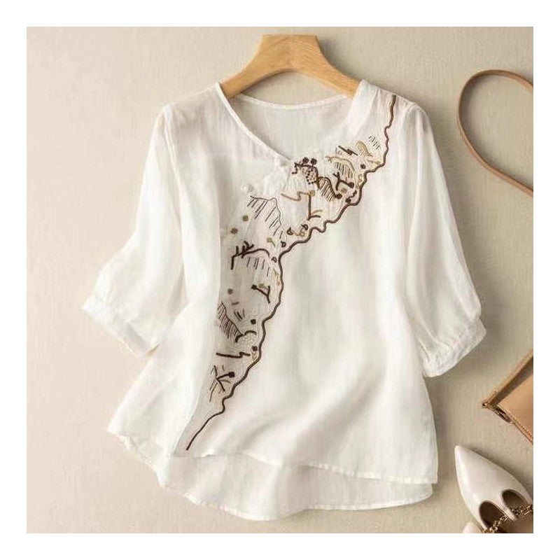 Embroidered Linen Button-Up Blouse with Half Sleeves