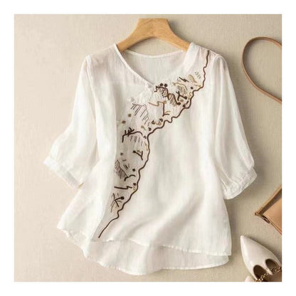 Embroidered Linen Button-Up Blouse with Half Sleeves