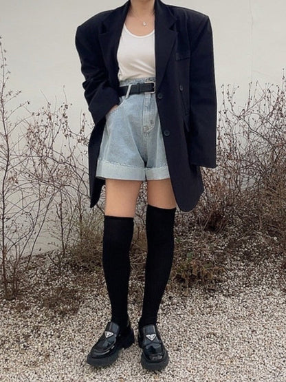 High Waisted Loose Belted Buttoned Pockets Split-Joint Denim Shorts
