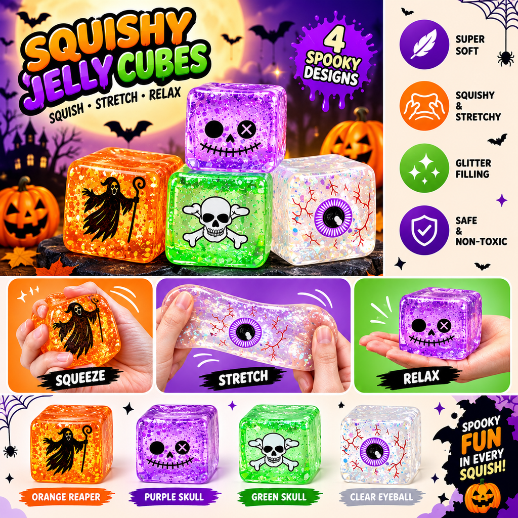 Halloween Squishy Jelly Cube 2-Pack Mystery Set – Glitter-Filled Slow-Rising Stress Relief Fidget Cubes | 4 Spooky Designs | 1.5" | Party Favors & Gifts