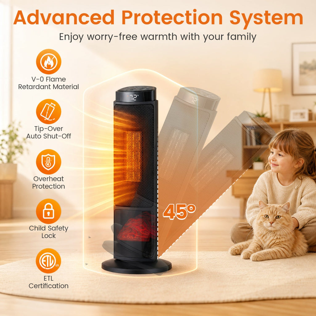 24-Inch PTC Ceramic Tower Space Heater with 7-Color Flame