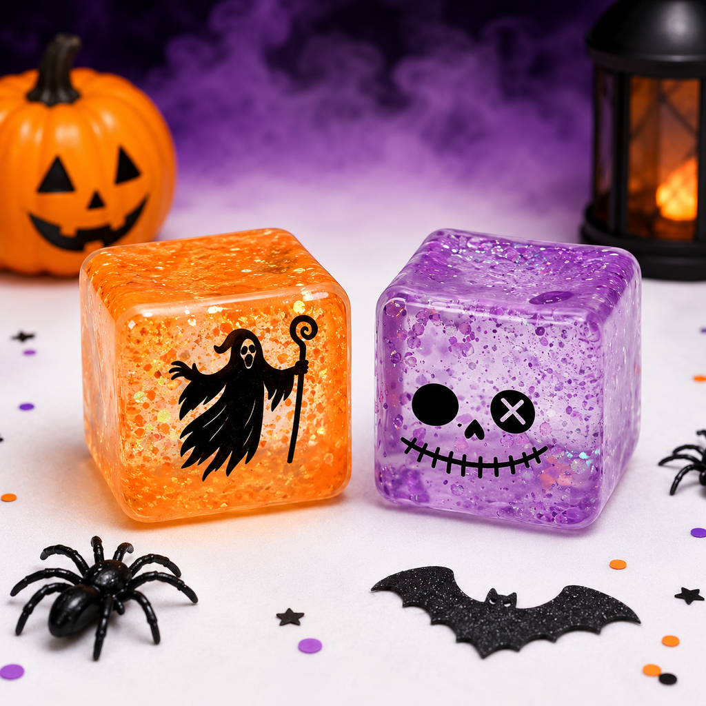 Halloween Squishy Jelly Cube 2-Pack Mystery Set – Glitter-Filled Slow-Rising Stress Relief Fidget Cubes | 4 Spooky Designs | 1.5" | Party Favors & Gifts