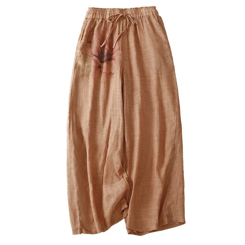 Vintage Women's Cotton Hemp Elastic Waist Lace-Up Wide Leg Trousers