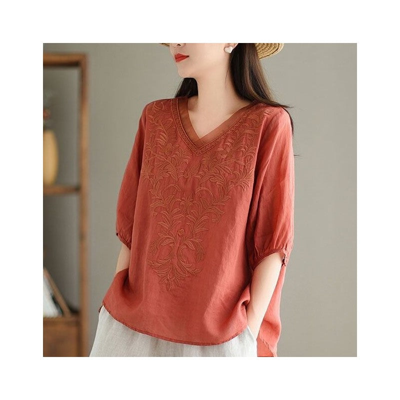 Casual V-Neck Embroidered Cotton-Linen Shirt with Heavy-Duty Construction