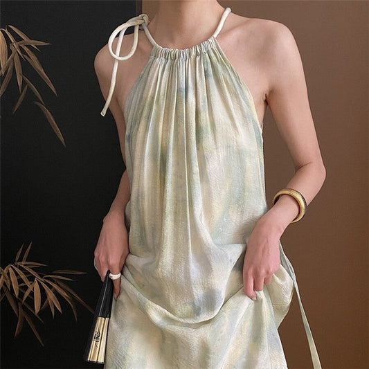 Traditional Chinese Ink Painting Inspired Gradient Drawstring Halterneck Dress