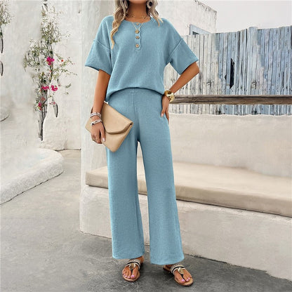 Solid Color Knit Short Sleeve Long Pants Set