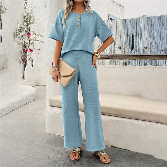 Solid Color Knit Short Sleeve Long Pants Set