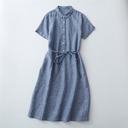Half-Opening Buckle Waist Frenulum Polo Collar Mid Length Dress