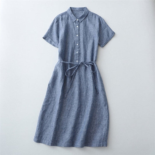 Half-Opening Buckle Waist Frenulum Polo Collar Mid Length Dress