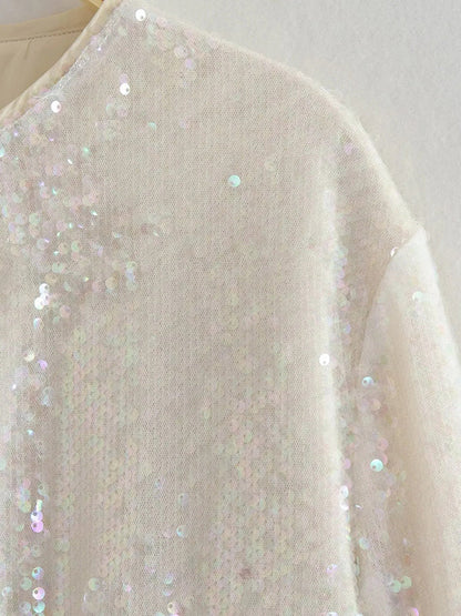 Loose Puff Sleeves Sequined Zipper Round-Neck Jackets Outerwear