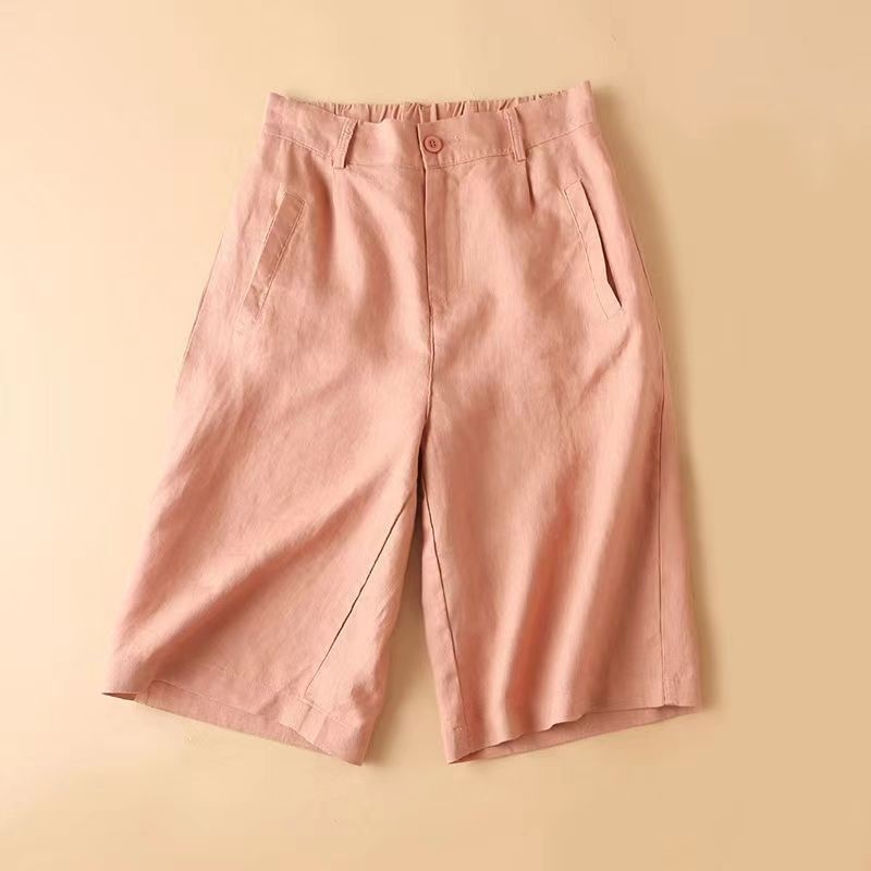 Women's Cotton And Hemp Loose Fit High Waist Wide Leg Elastic Shorts