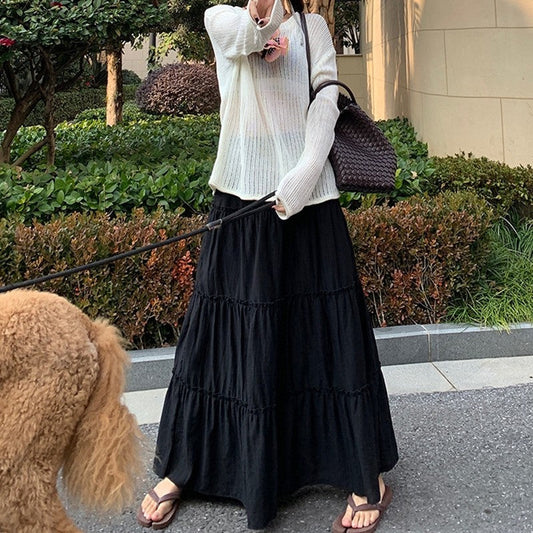 Elegant Solid Color Elastic Waist Pleated A-Line Maxi Skirt