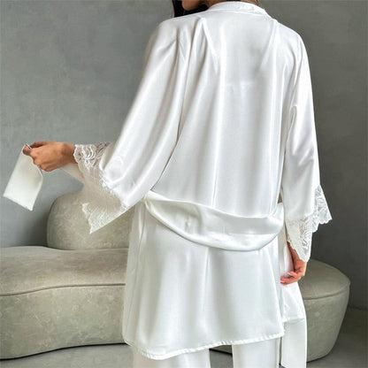 Tie-Waist Lace Robe and Pants Pajama Set
