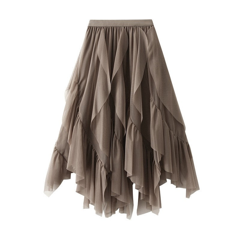 Elastic Waist Mesh Skirt with Irregular Ruffled Hem - Solid Color
