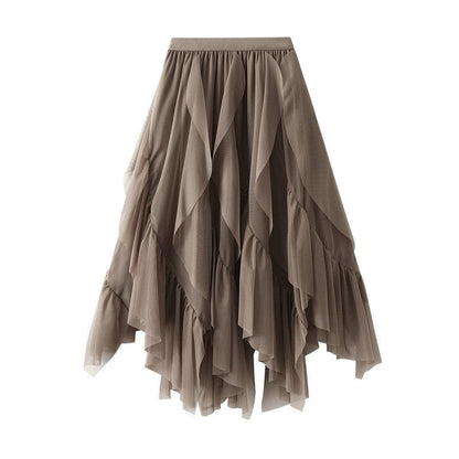 Elastic Waist Mesh Skirt with Irregular Ruffled Hem - Solid Color