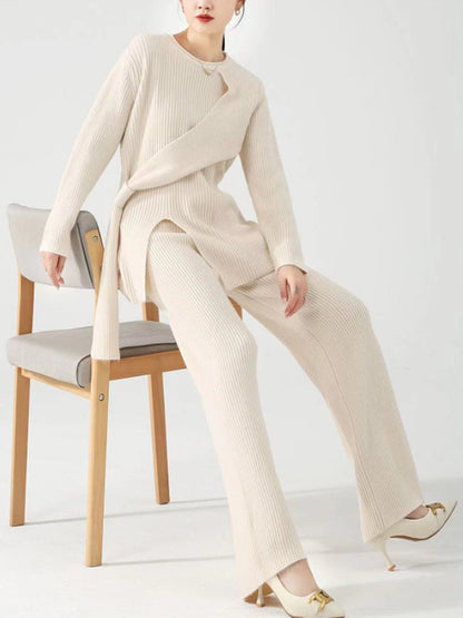 Loose Asymmetric Solid Color Split-Front Round-Neck Long Sleeves Sweater Top   Pants Bottom Two Pieces Set