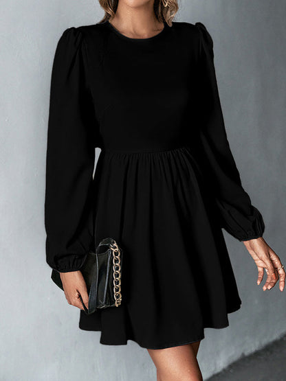 A-Line Bishop Sleeve Backless Elasticity Hollow Pleated Solid Color Tied Round-Neck Mini Dresses