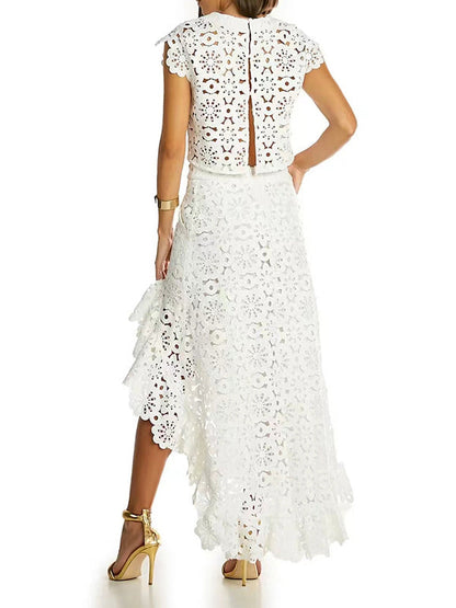 Flower Print Hollow Jacquard Solid Color Round-Neck Vest Top + Ruffle Trim Bodycon High-Low Skirts Bottom Two Pieces Set