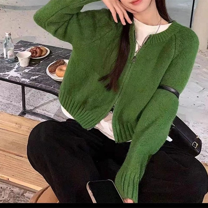 Solid Color Long Sleeve Crewneck Zipper Knitted Cardigan Sweater