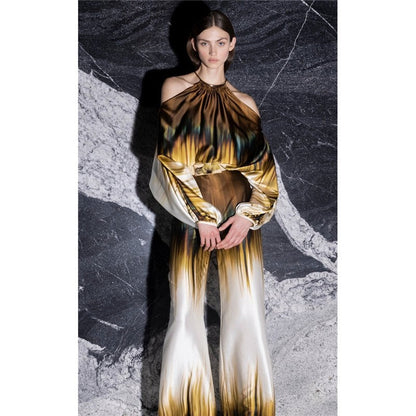 Printing Halterneck Hollow Shoulders Long Sleeve Top And Wide Leg Pants Two Pieces Suits