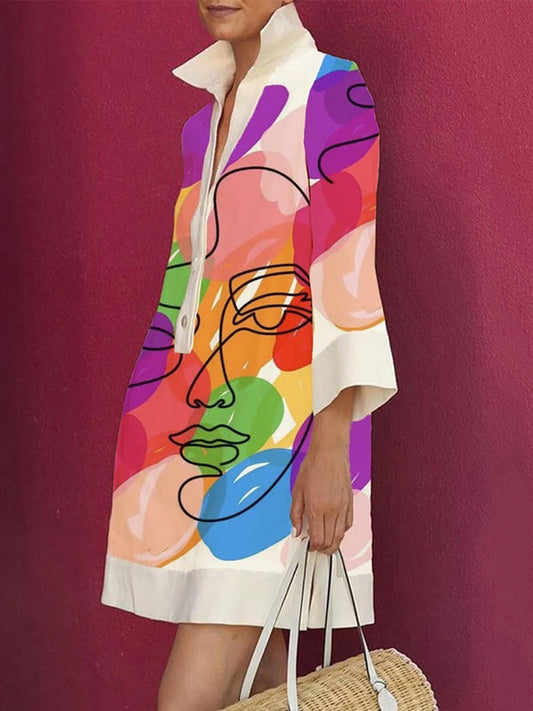 Loose Fit Mini Dress with Three-Quarter Sleeves, Buttoned Contrast Color Detail, Figure Print, and Lapel Coll