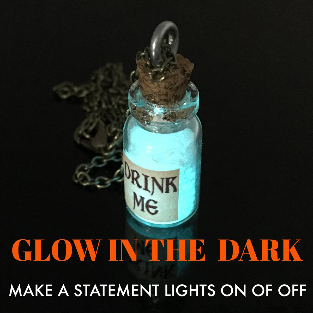 Drink Me Bottle Necklace Glass Vial Fantasy Jewelry Aqua Blue Rusty Glow in the Dark