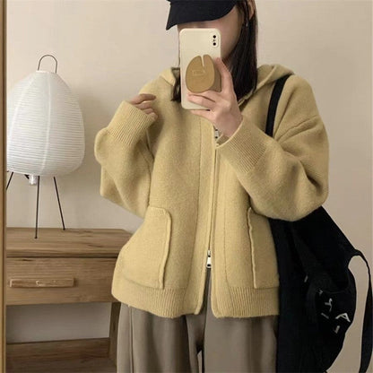 Solid Color Long Sleeve Hooded Zipper Pockets Casual Loose Cardigan Sweater