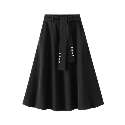 High-Waisted A-Line Skirt with Waist Tie in Solid Color