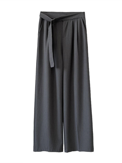 High Waisted Loose Belt Buckle Solid Color Suit Pants Trousers