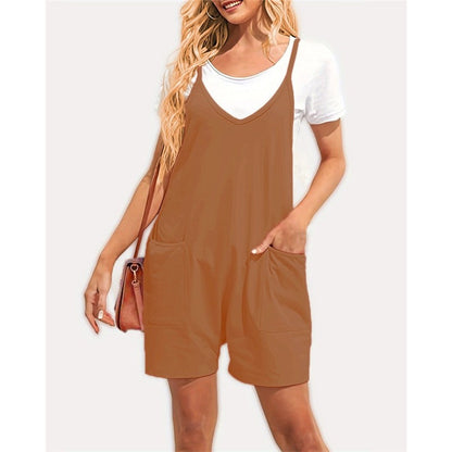 Solid Color Spaghetti Straps Sleeveless Pockets Casual Loose Short Jumpsuits