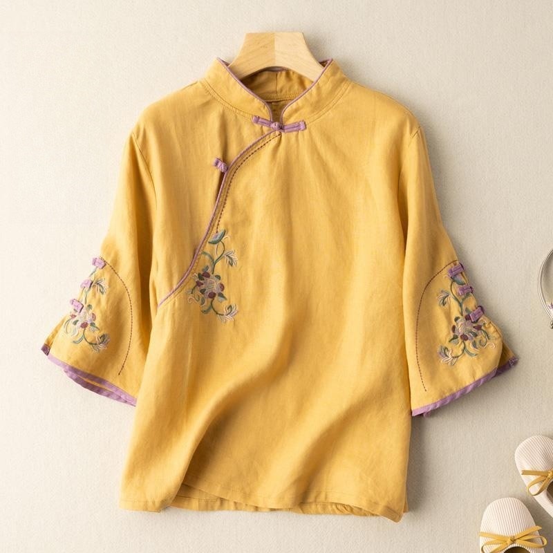 Chic Embroidered Mandarin Collar Cotton and Linen Tea Dress