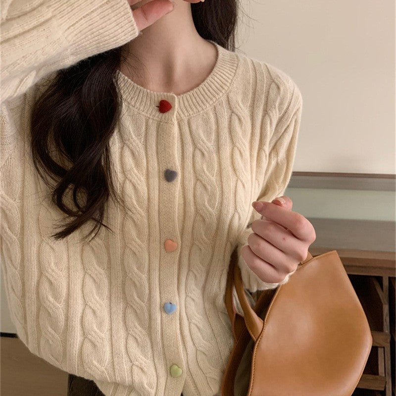 Solid Color Long Sleeve Heart Shaped Buttons Twists Cardigan Sweater