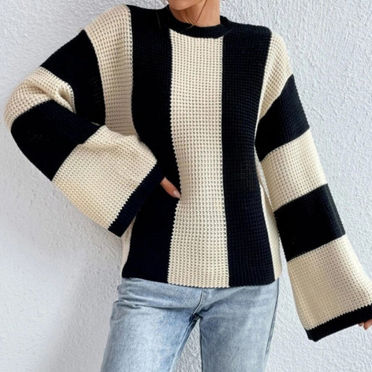Striped Color Block Casual Flare Sleeve Knit Sweater