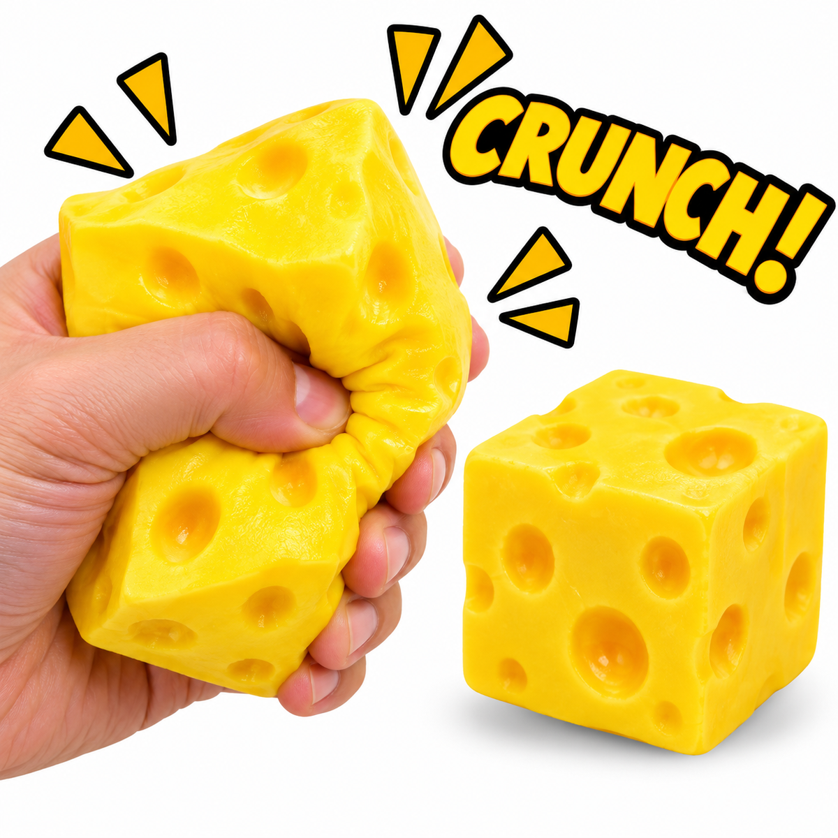 Crunchy Squishies Cheese Block Squeeze Toy 2-Pack – Crispy Crunch Sound Stress Balls | ASMR Sensory Fidget Toys for Adults & Kids | Realistic Swiss Cheese Squishies