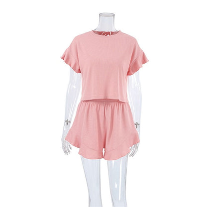 Solid Color Knit Short Sleeve Shorts Pajama Set