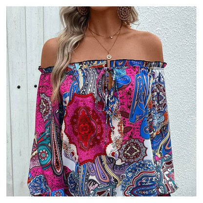 Stamped Literary Style Collar Top with Lotus Leaf Trim
