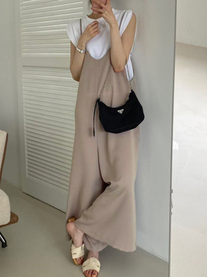 Wide Leg Solid Color Spaghetti-Neck Overalls