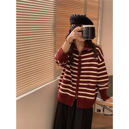 Long Sleeve Lapel Zipper Striped Casual Loose Knitted Cardigan Sweater