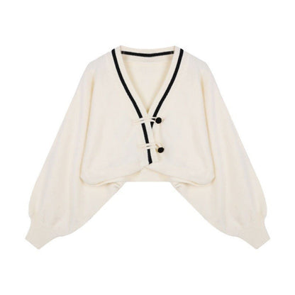 Contrast Color Long Sleeve V-Neck Chinese Knot Buttons Short Knitted Sweater