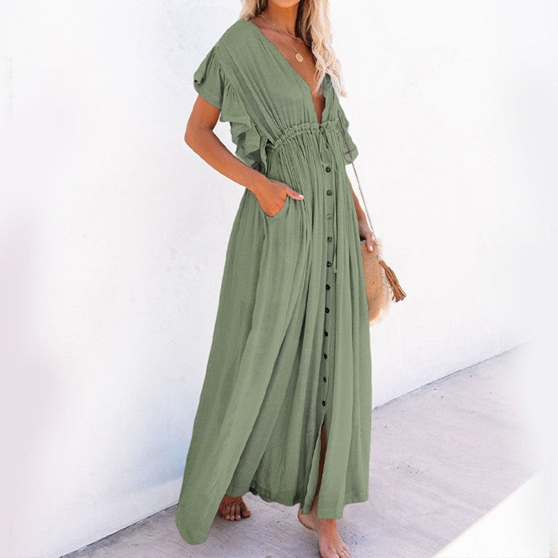 Relaxed Fit Solid Color Long Beach Cover-Up Dress