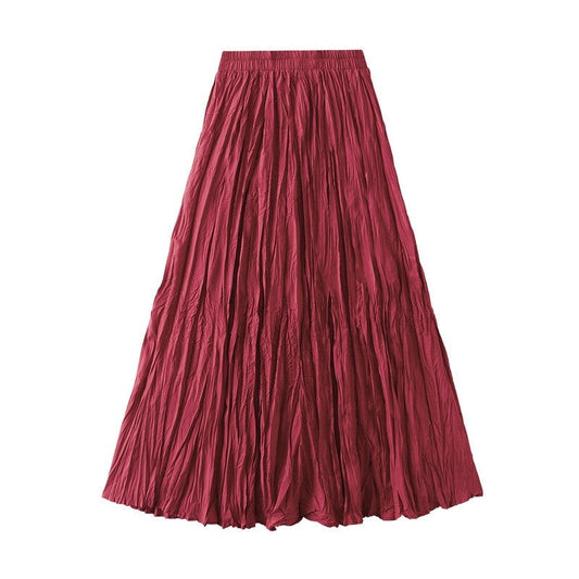 Solid Color High Waist Pleated A-Line Skirt with Flared Hem