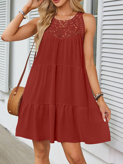 Loose Sleeveless Hollow Pleated Solid Color Split-Joint Round-Neck Mini Dresses