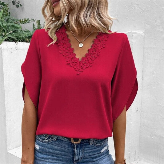 Solid Color Lace Trim V-Neck Trumpet Sleeve Blouse