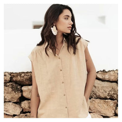 Sleek Linen Sleeveless Solid Color Blouse