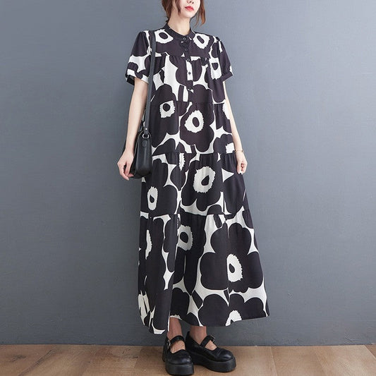 Loose Fit Fashion Short Sleeve Printed Midi Dress