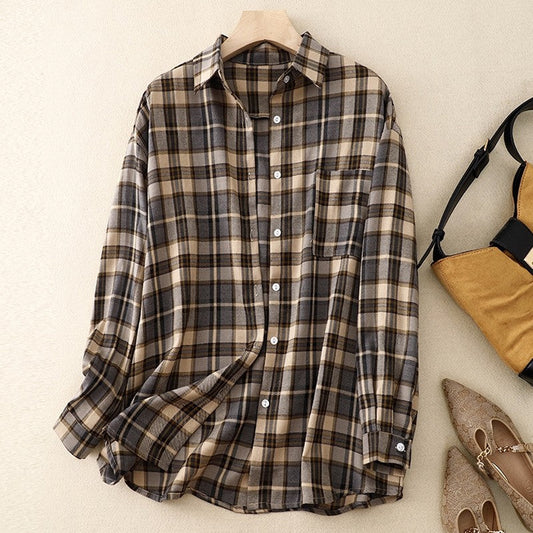 Long Sleeve Lapel Retro Plaid Casual Loose Blouse
