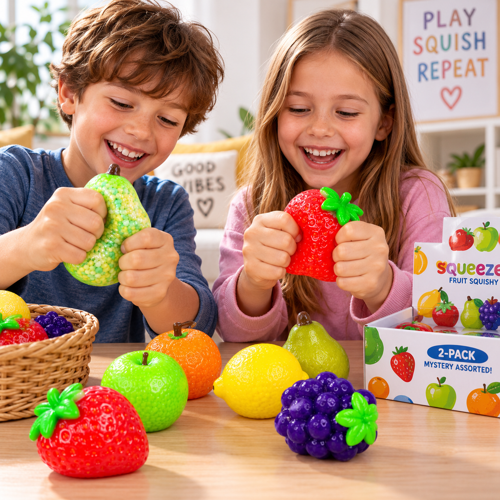 Crunchy Squishies Fruit Squeeze Toy 2-Pack – Mystery Assorted Crispy Crunch Stress Balls | ASMR Sensory Fidget Toys for Adults & Kids | Realistic Fruit Squishies