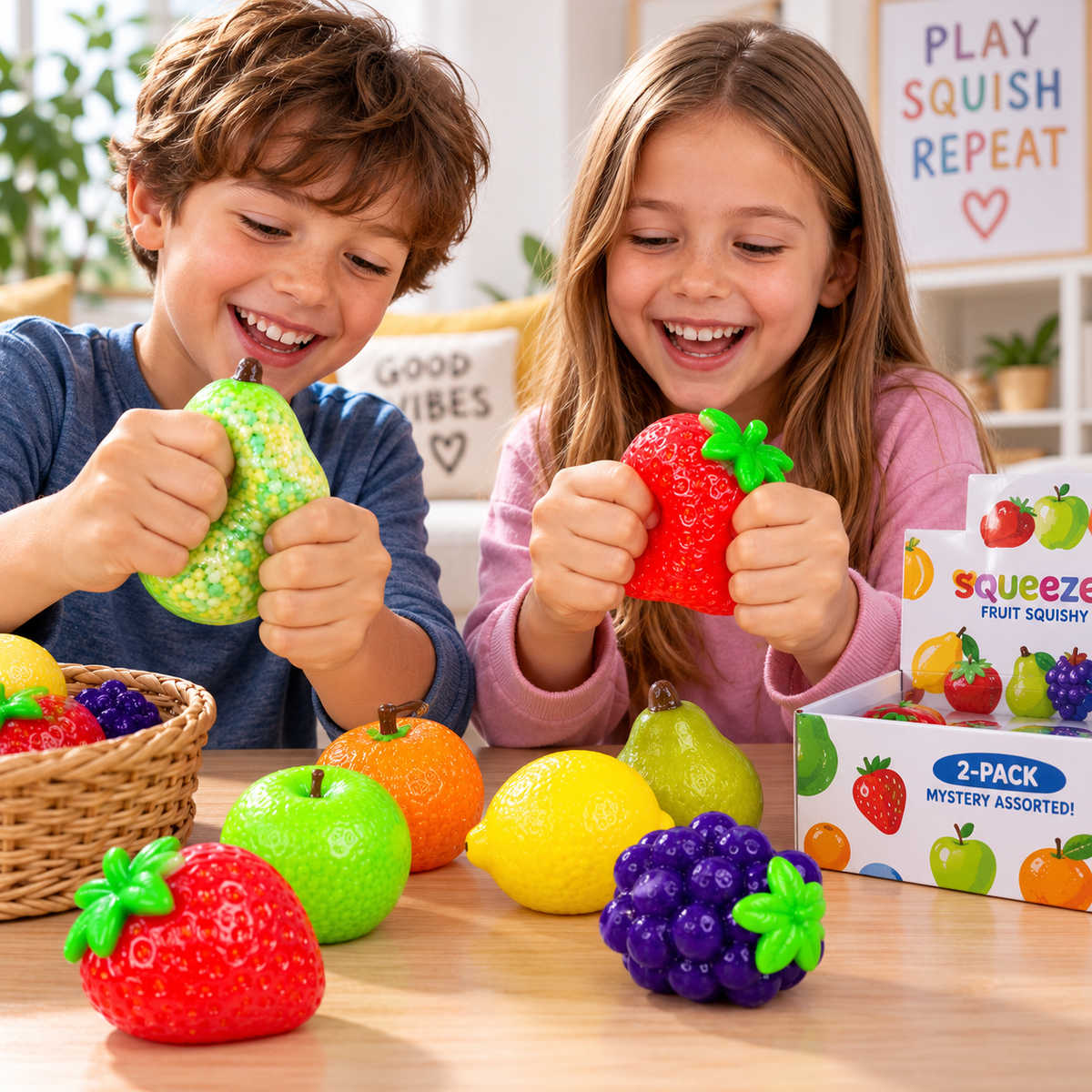 Crunchy Squishies Fruit Squeeze Toy 2-Pack – Mystery Assorted Crispy Crunch Stress Balls | ASMR Sensory Fidget Toys for Adults & Kids | Realistic Fruit Squishies
