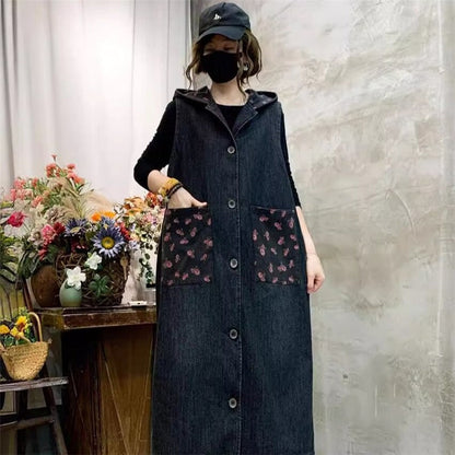 Loose Hooded Long Denim Vest With Printed Patterns